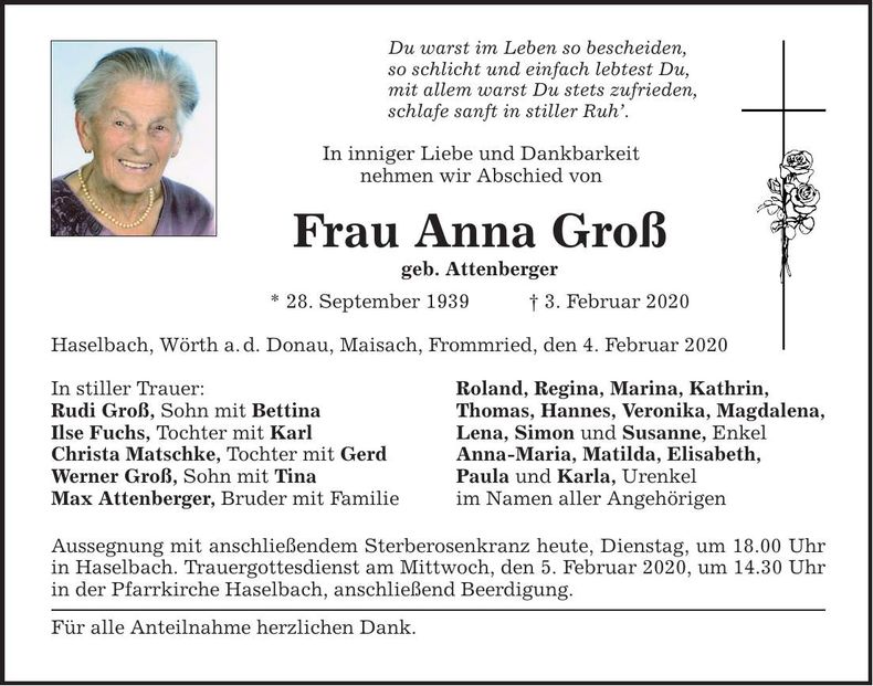 Traueranzeige Anna Groß