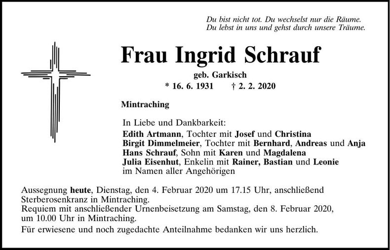 Traueranzeige Ingrid Schrauf