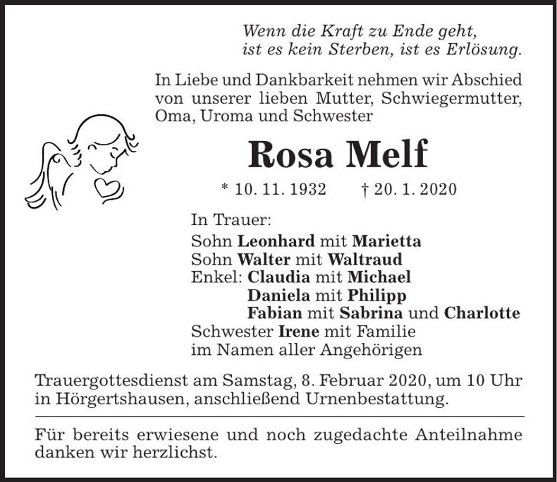 Traueranzeige Rosa Melf
