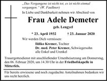 Traueranzeige Adele Demeter