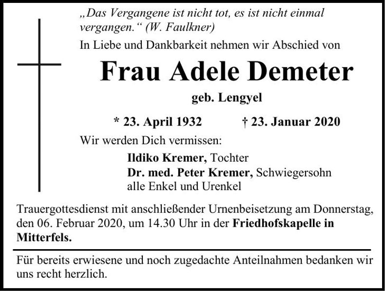 Traueranzeige Adele Demeter