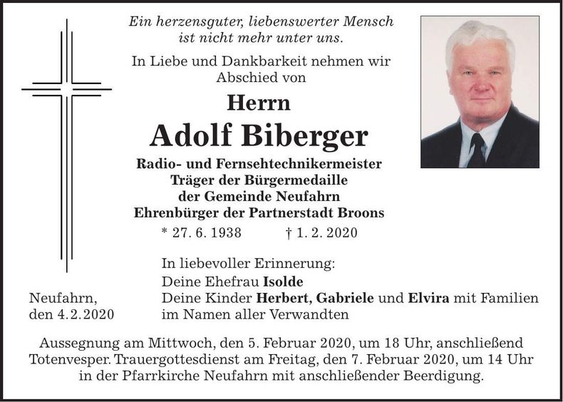 Traueranzeige Adolf Biberger
