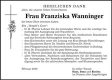 Traueranzeige Franziska Wanninger
