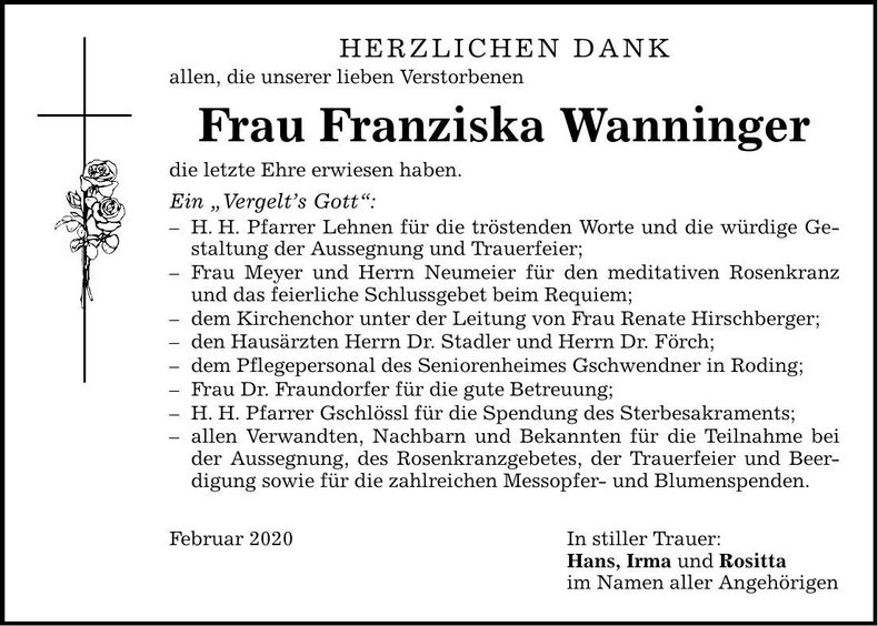 Traueranzeige Franziska Wanninger