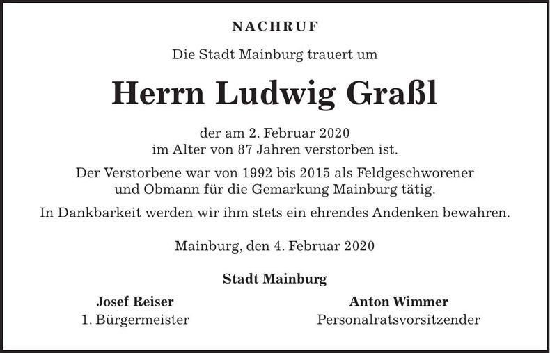 Traueranzeige Ludwig Graßl