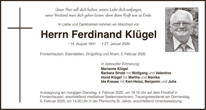 Traueranzeige Ferdinand Klügel
