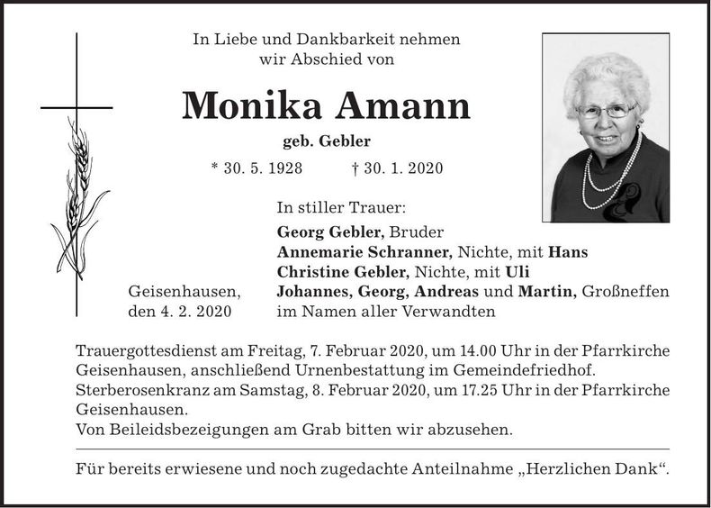 Traueranzeige Monika Amann