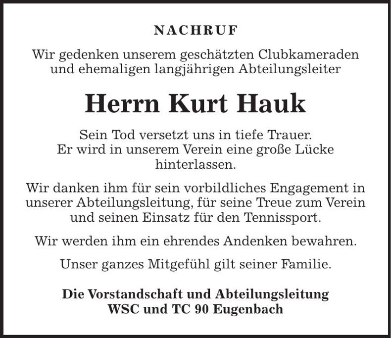 Traueranzeige Kurt Hauk
