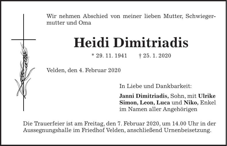 Traueranzeige Heidi Dimitriadis