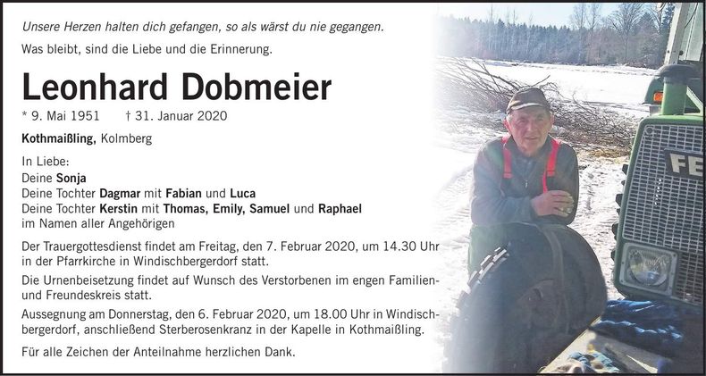 Traueranzeige Leonhard Dobmeier