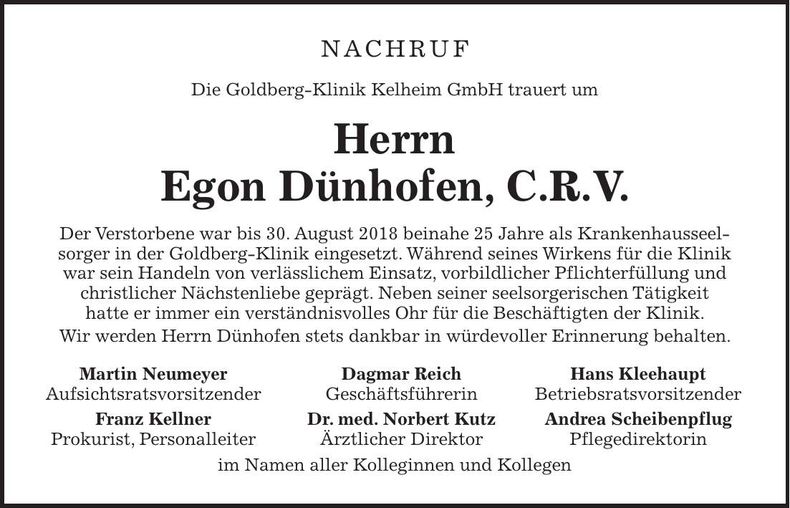 Traueranzeige Pater Egon Dünhofen
