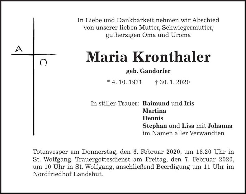 Traueranzeige Maria Kronthaler