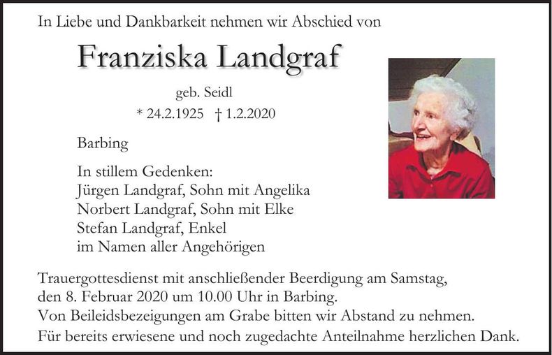 Traueranzeige Franziska Landgraf