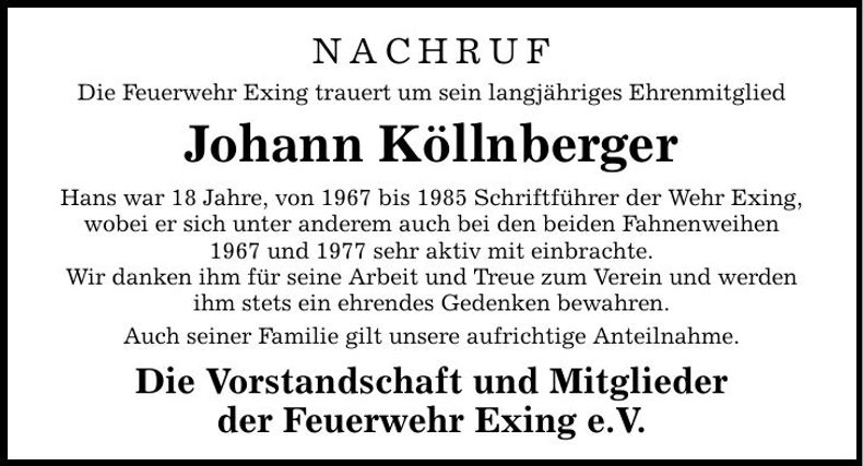 Traueranzeige Johann Köllnberger