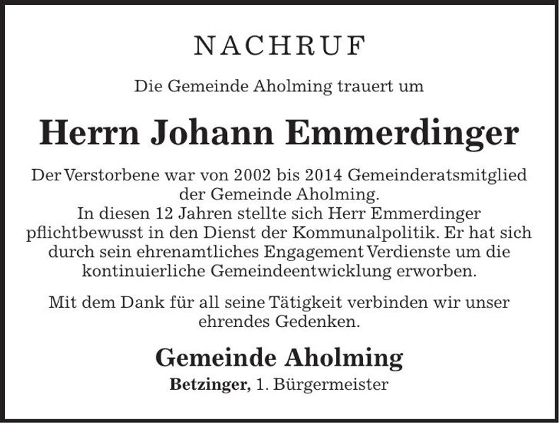 Traueranzeige Johann Emmerdinger