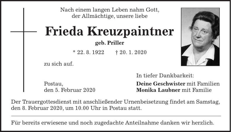 Traueranzeige Frieda Kreuzpaintner
