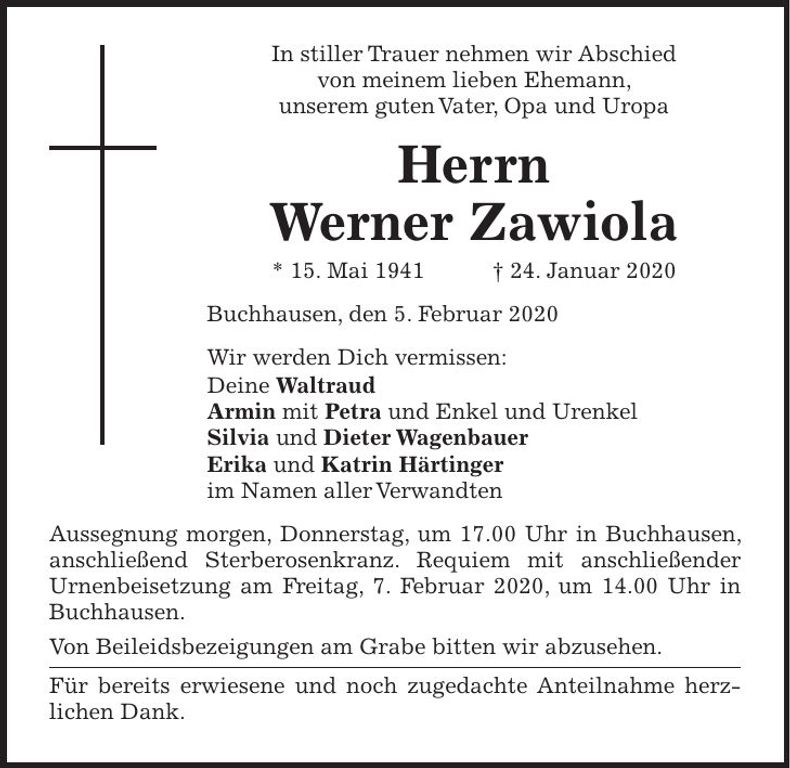 Traueranzeige Werner Zawiola