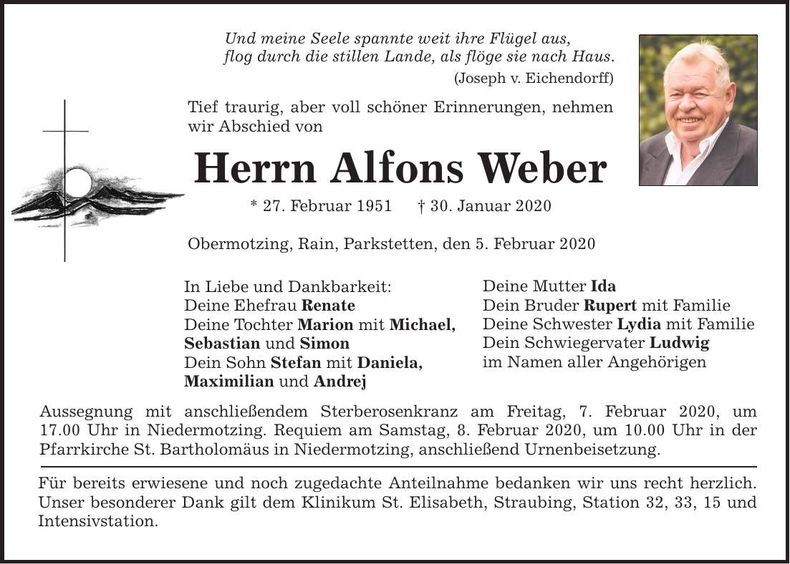 Traueranzeige Alfons Weber