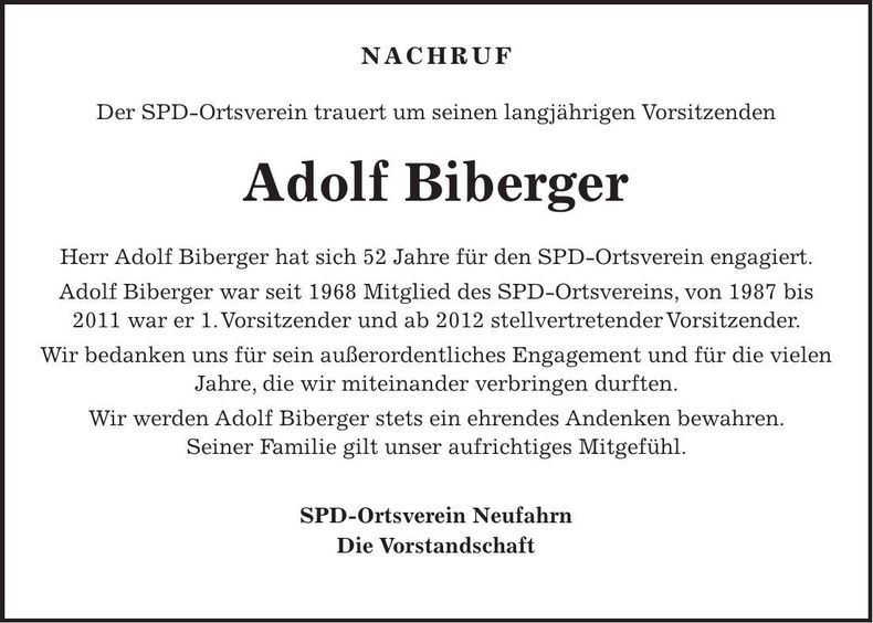 Traueranzeige Adolf Biberger