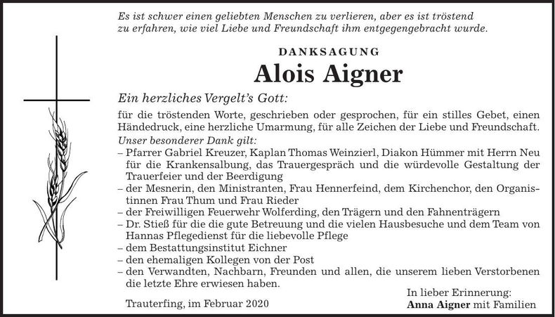 Traueranzeige Alois Aigner