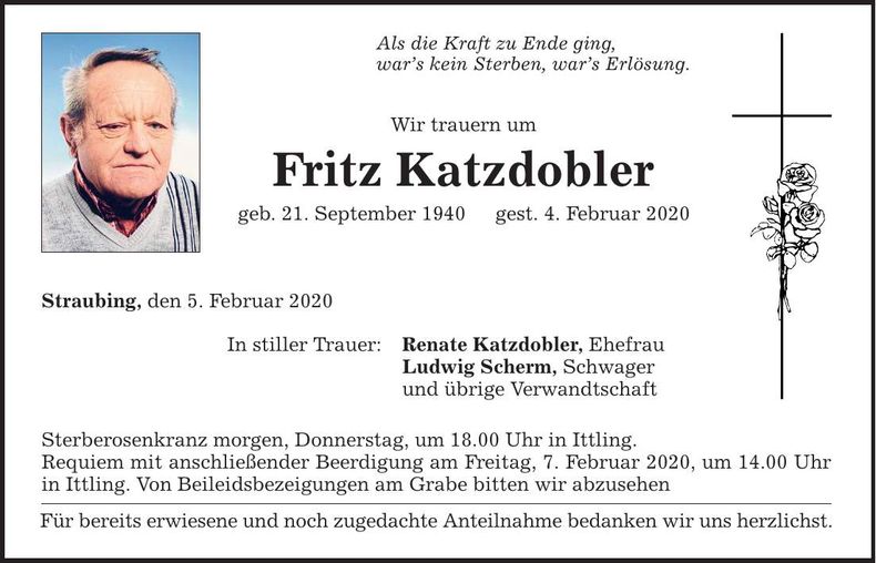 Traueranzeige Fritz Katzdobler