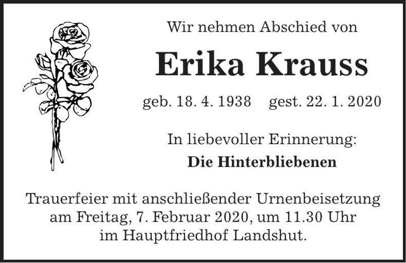 Traueranzeige Erika Krauss