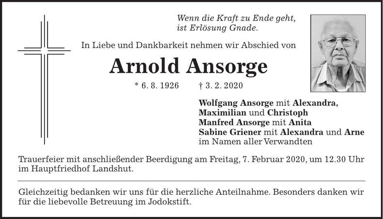 Traueranzeige Arnold Ansorge