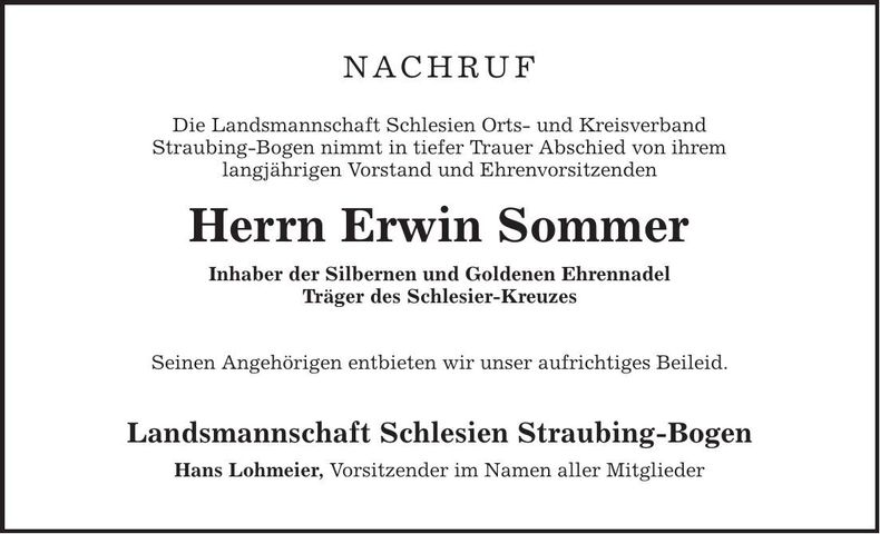 Traueranzeige Erwin Sommer