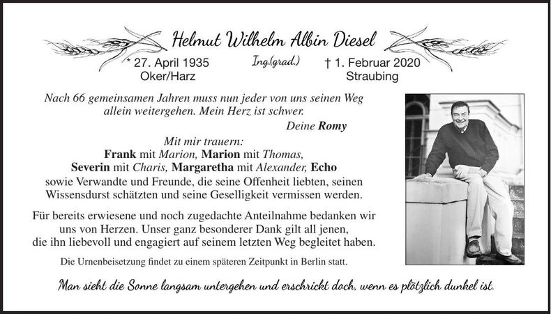 Traueranzeige Helmut Diesel
