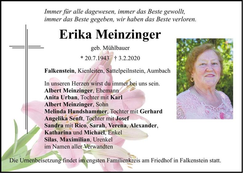 Traueranzeige Erika Meinzinger