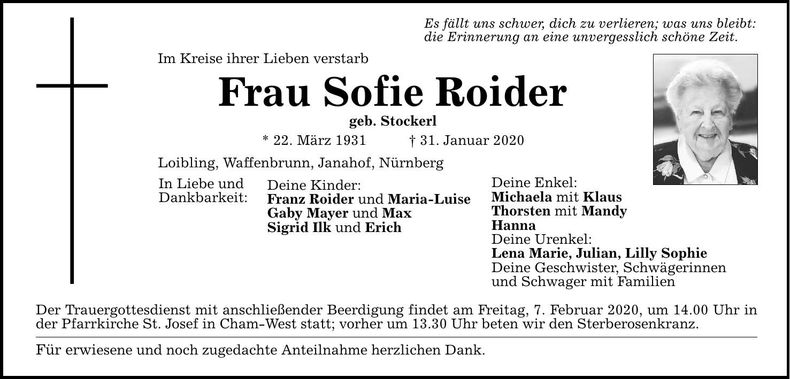 Traueranzeige Sofie Roider