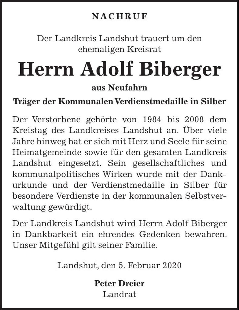 Traueranzeige Adolf Biberger