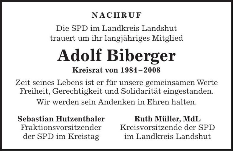 Traueranzeige Adolf Biberger
