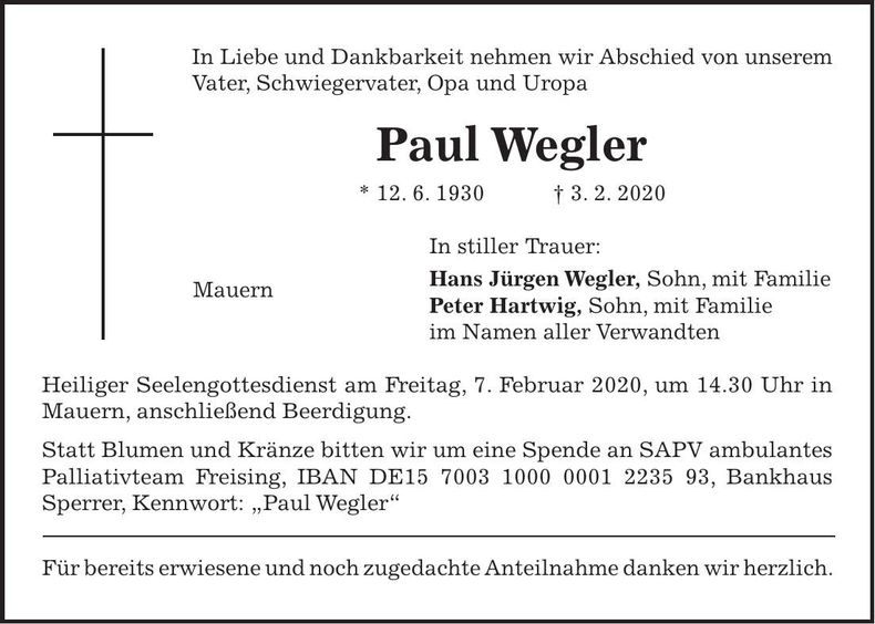 Traueranzeige Paul Wegler