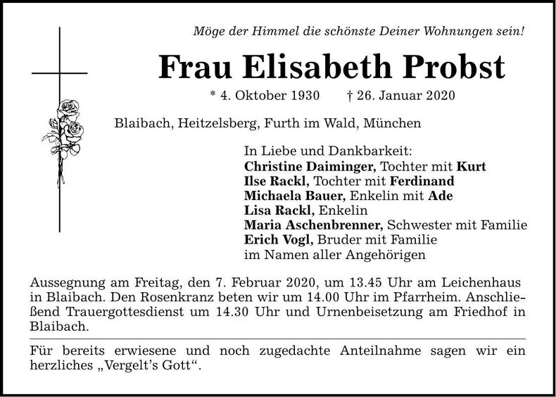 Traueranzeige Elisabeth Probst