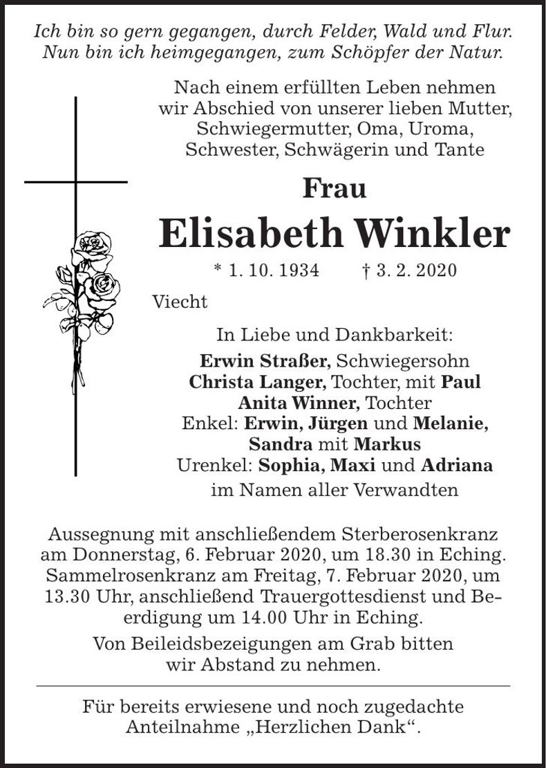 Traueranzeige Elisabeth Winkler
