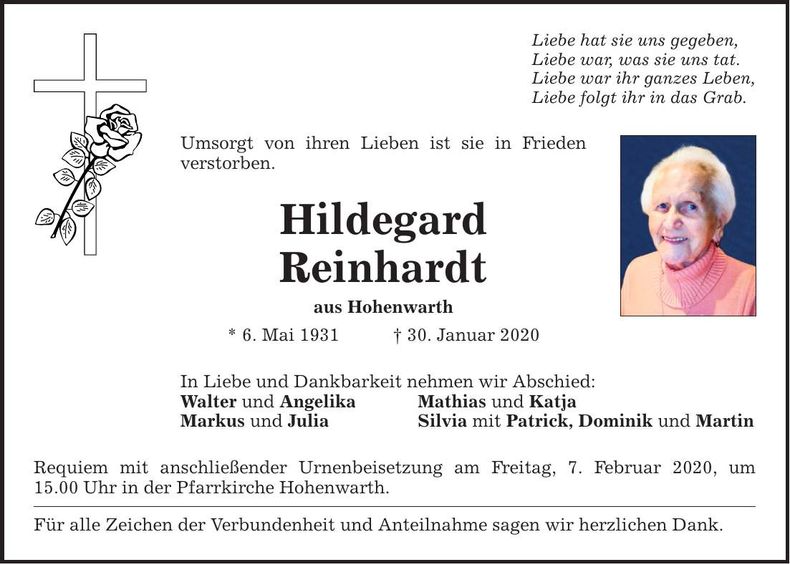 Traueranzeige Hildegard Reinhardt