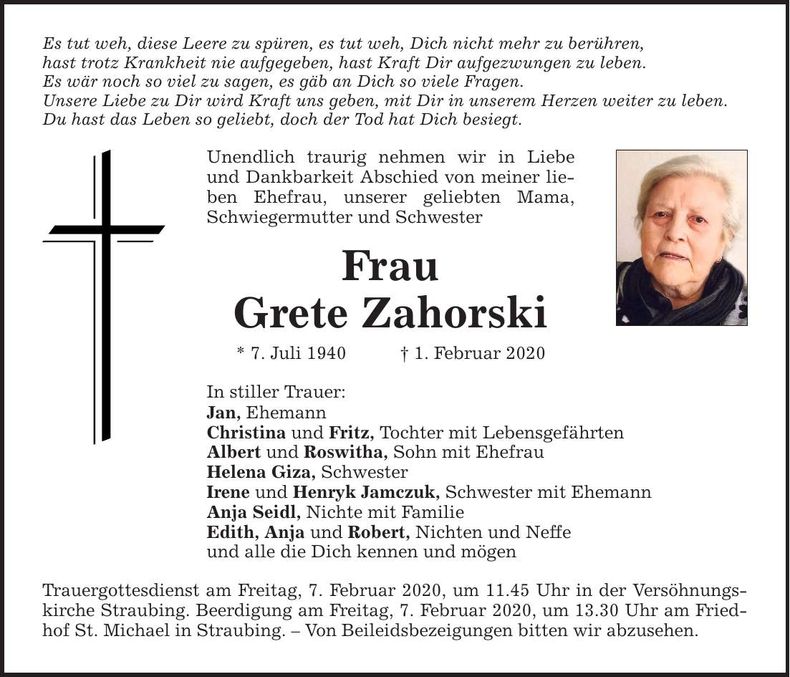 Traueranzeige Grete Zahorski
