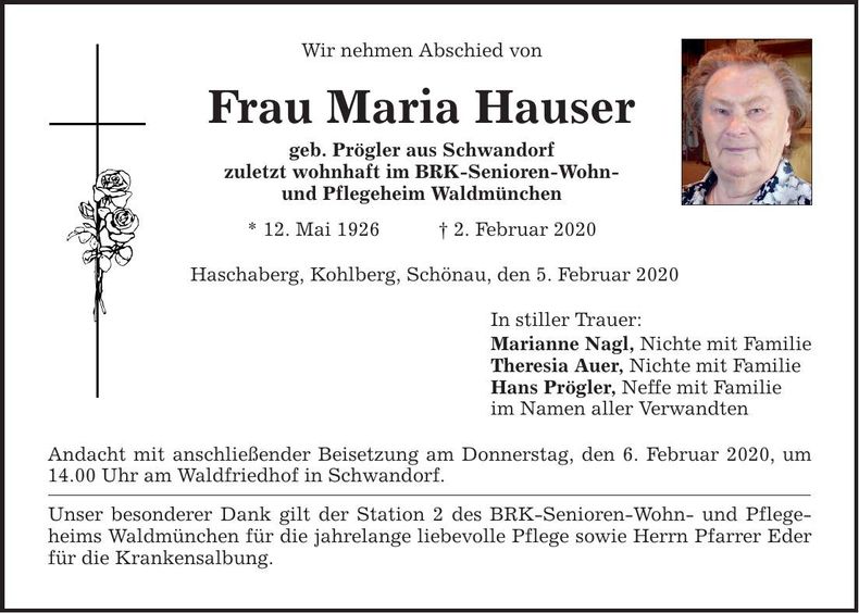 Traueranzeige Maria Hauser