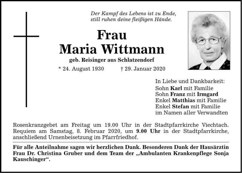 Traueranzeige Maria Wittmann