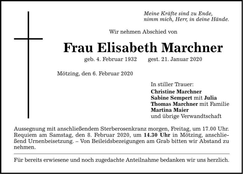 Traueranzeige Elisabeth Marchner