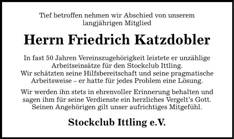 Traueranzeige Friedrich Katzdobler