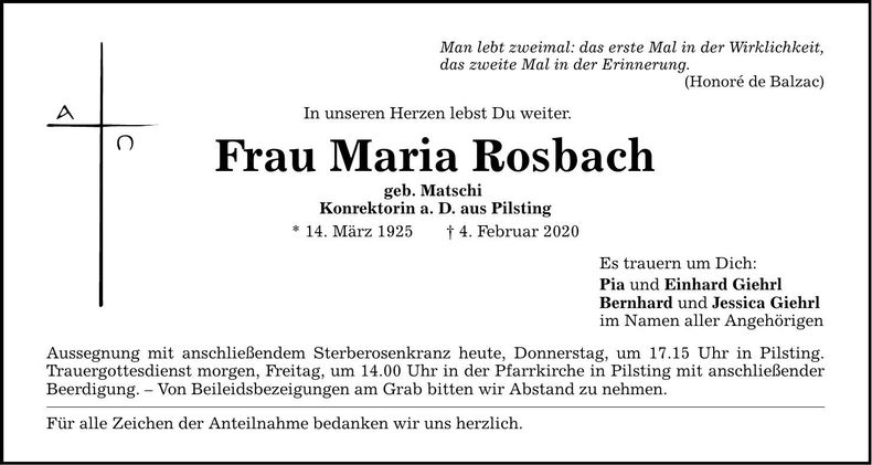 Traueranzeige Maria Rosbach