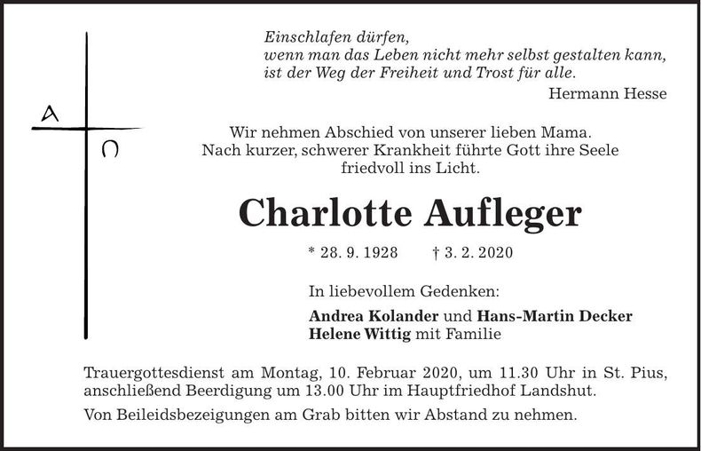 Traueranzeige Charlotte Aufleger