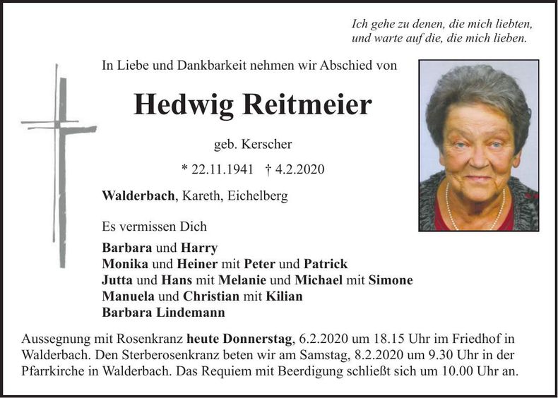 Traueranzeige Hedwig Reitmeier