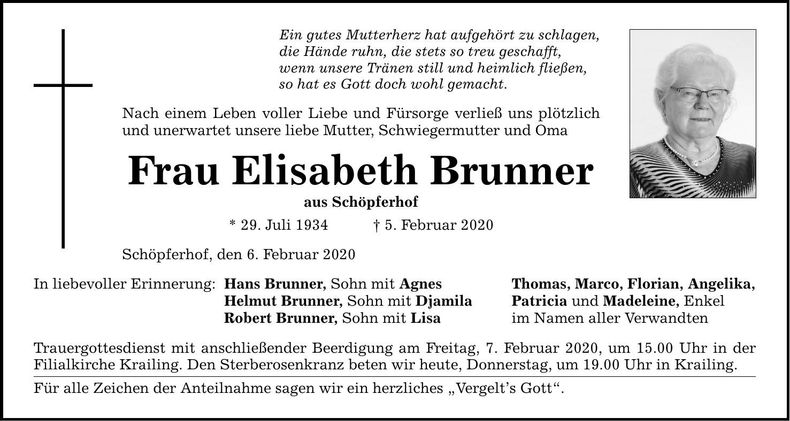 Traueranzeige Elisabeth Brunner