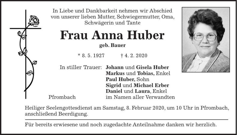Traueranzeige Anna Huber