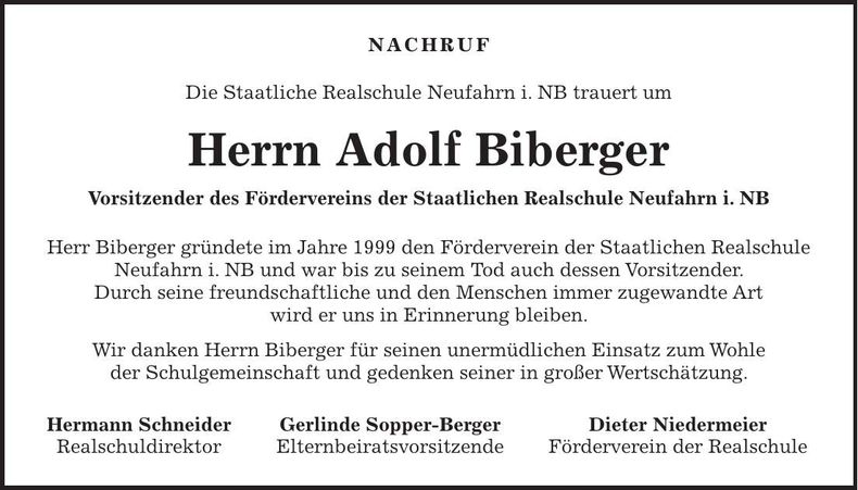 Traueranzeige Adolf Biberger
