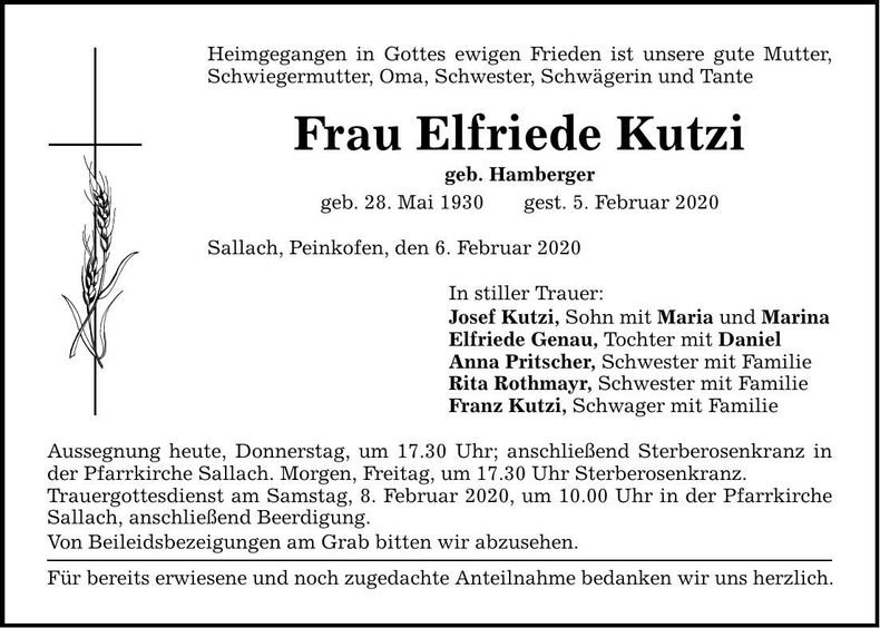 Traueranzeige Elfriede Kutzi