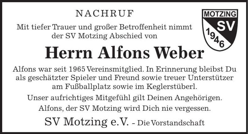 Traueranzeige Alfons Weber